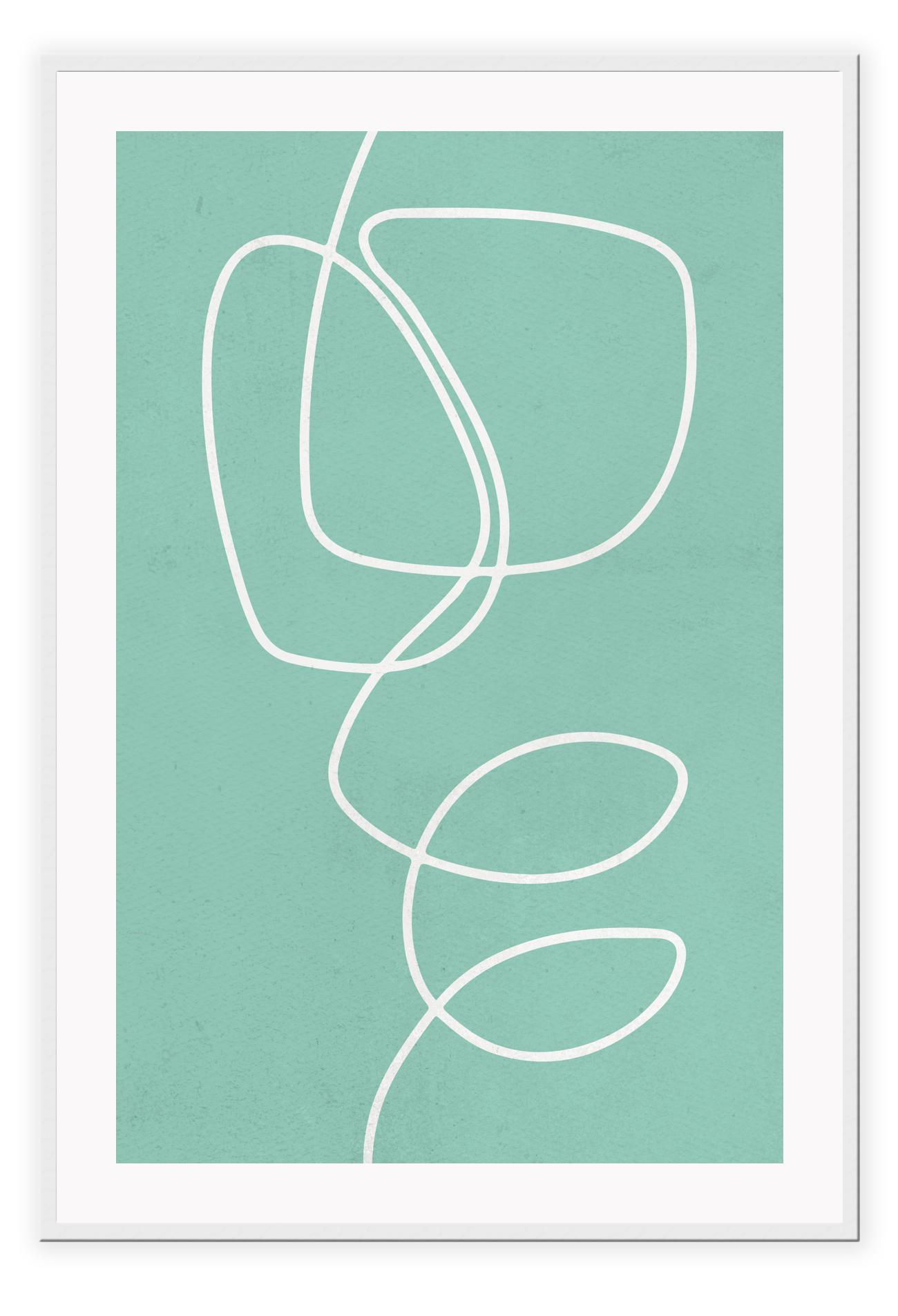 Abstract minimal print with turquoise background and white sqiggle portrait 