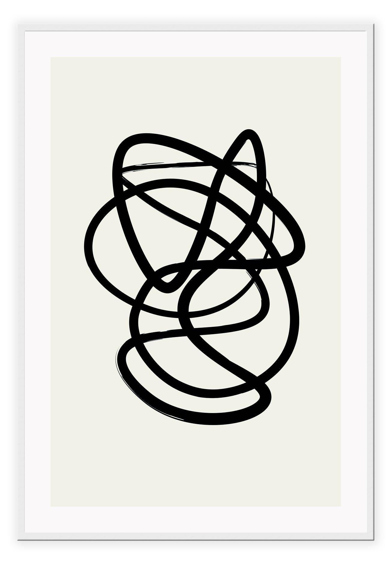 Abstract black and white squiggle print with textured black line and cream background 