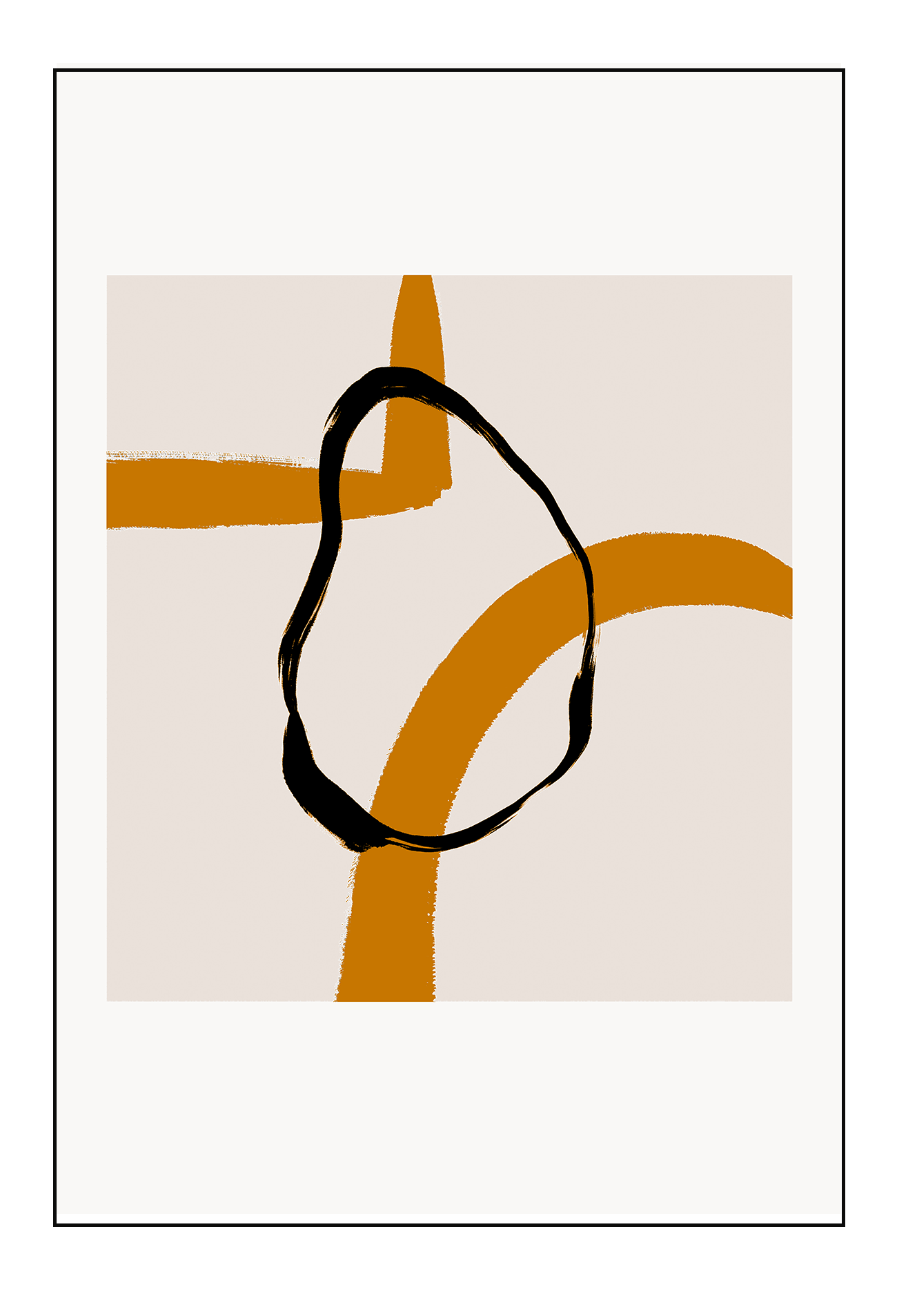 Abstract landscape portrait art print with cream square and black round shape overlapping orange lines in a white border.