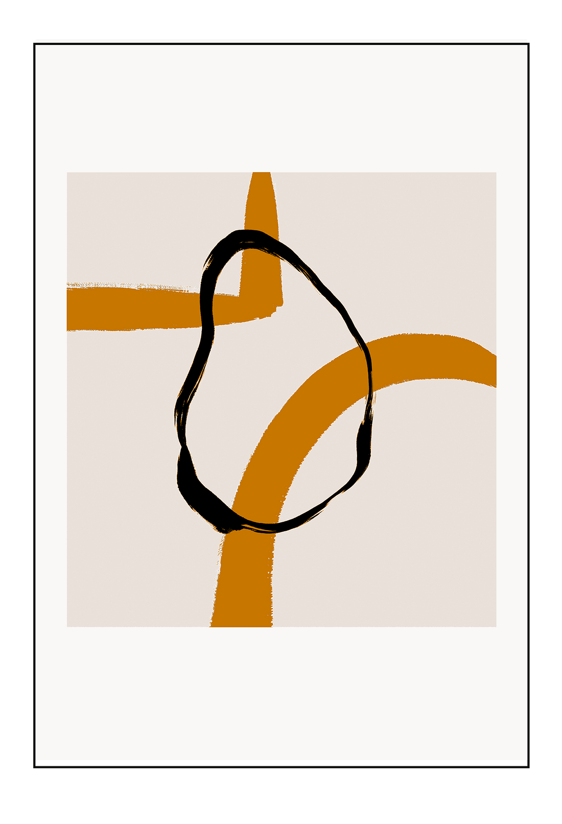 Abstract landscape portrait art print with cream square and black round shape overlapping orange lines in a white border.