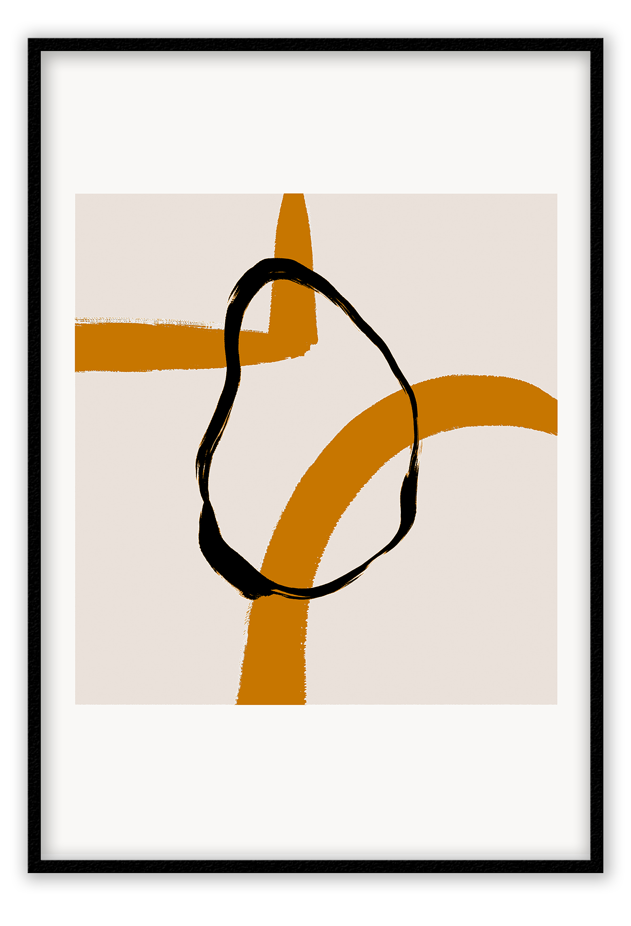 Abstract landscape portrait art print with cream square and black round shape overlapping orange lines in a white border.