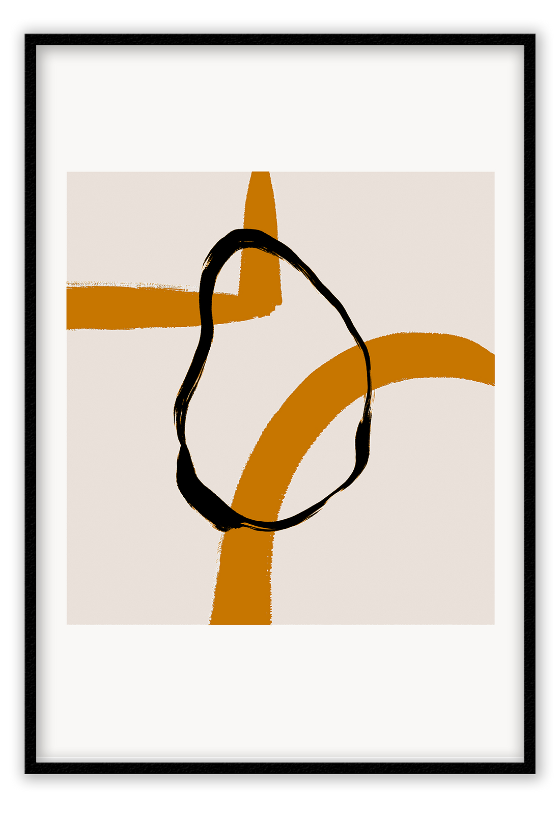 Abstract landscape portrait art print with cream square and black round shape overlapping orange lines in a white border.