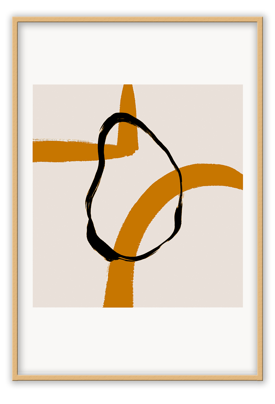 Abstract landscape portrait art print with cream square and black round shape overlapping orange lines in a white border.