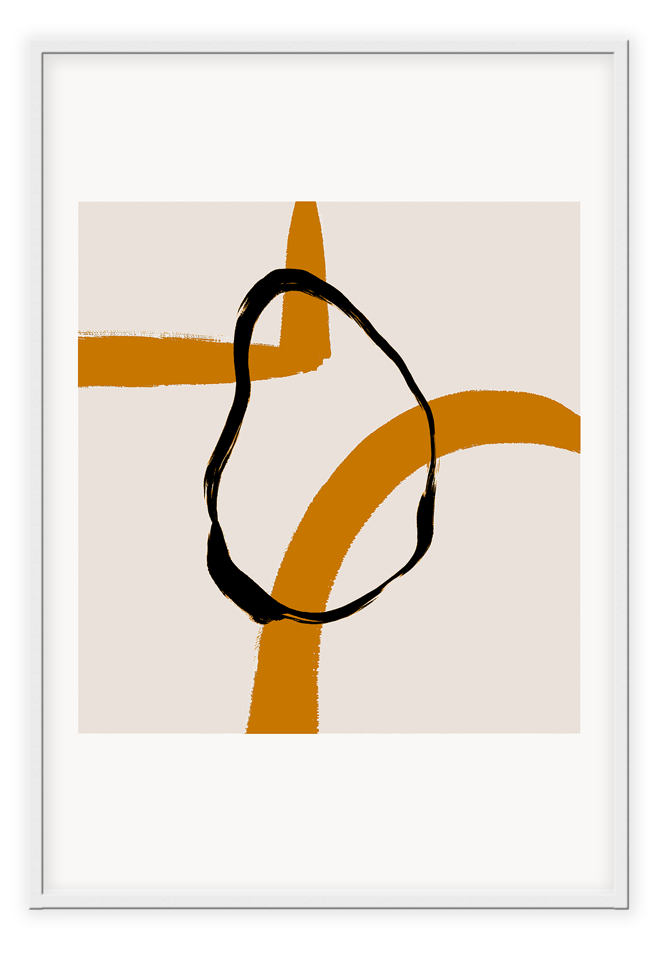 Abstract landscape portrait art print with cream square and black round shape overlapping orange lines in a white border.