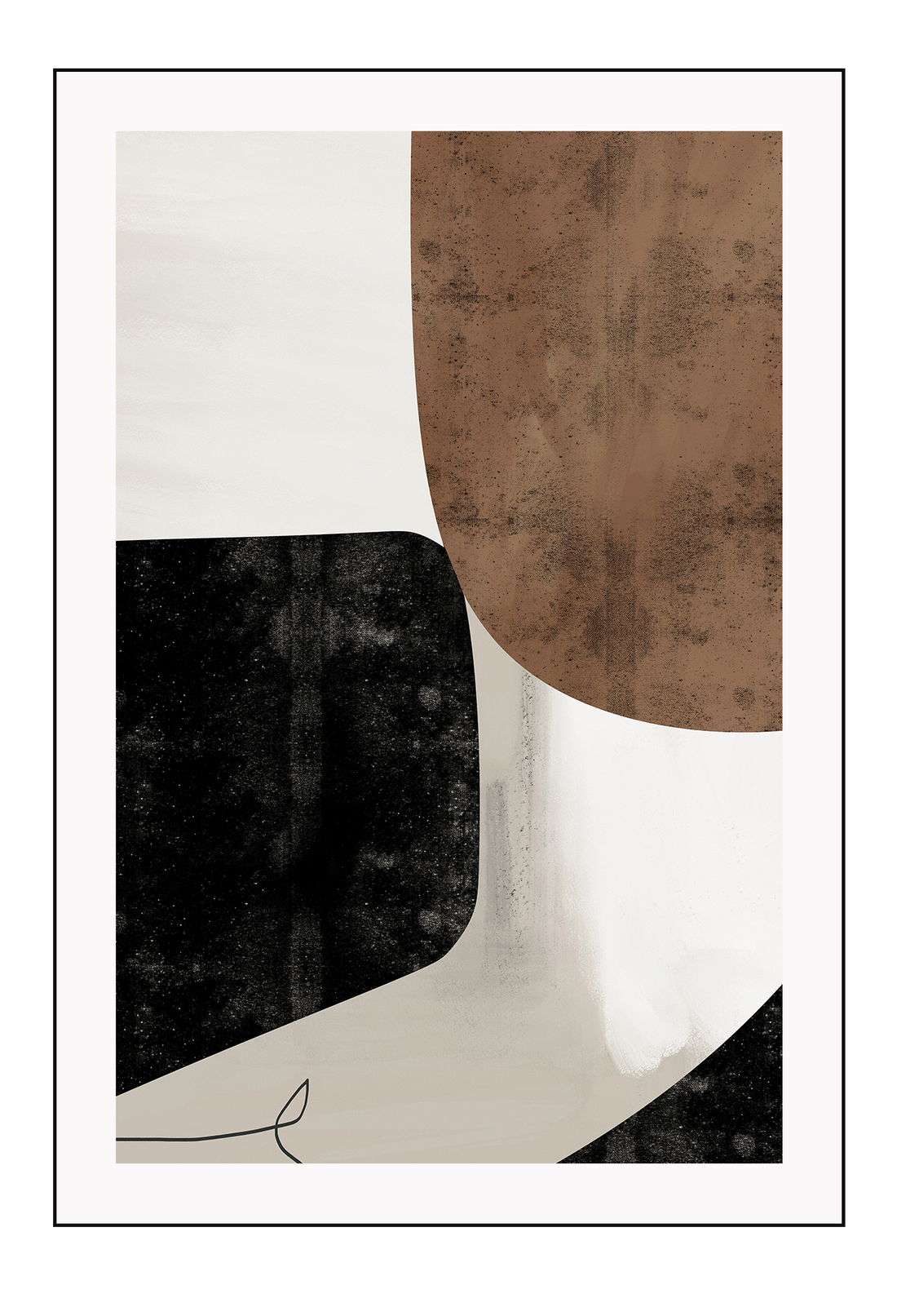 Abstract modern minimalist print with textured brown and black shapes on a grey background with black lines.