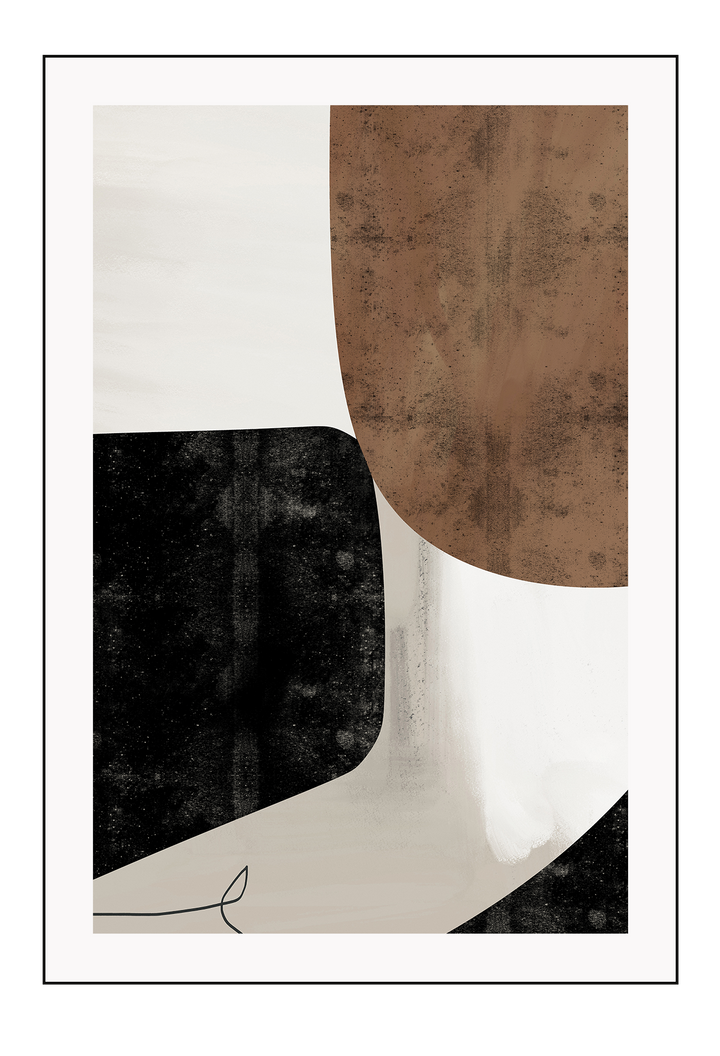Abstract modern minimalist print with textured brown and black shapes on a grey background with black lines.