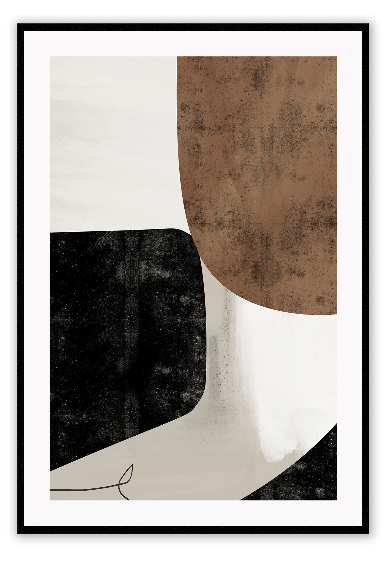 Abstract modern minimalist print with textured brown and black shapes on a grey background with black lines.