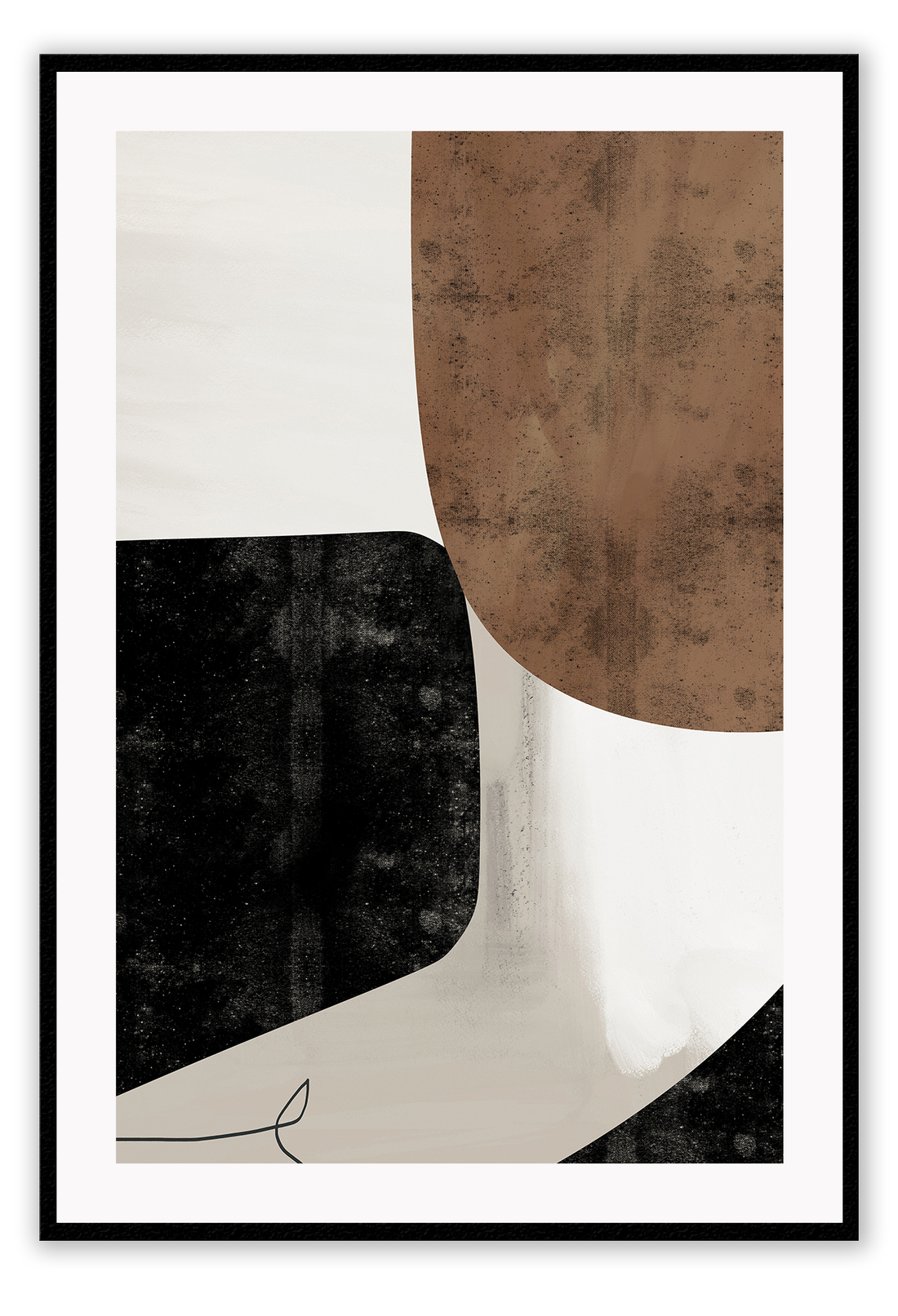Abstract modern minimalist print with textured brown and black shapes on a grey background with black lines.