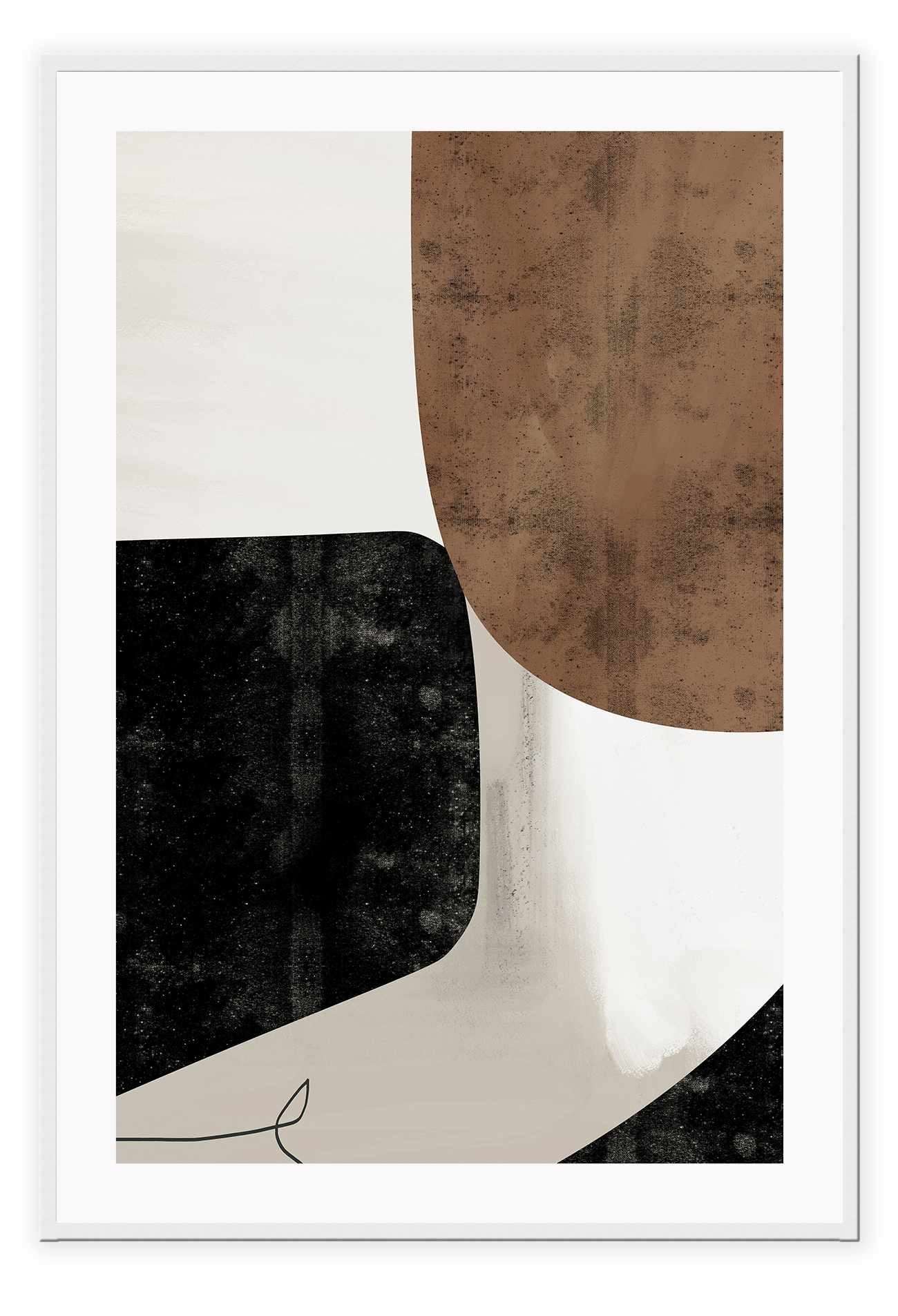 Abstract modern minimalist print with textured brown and black shapes on a grey background with black lines.