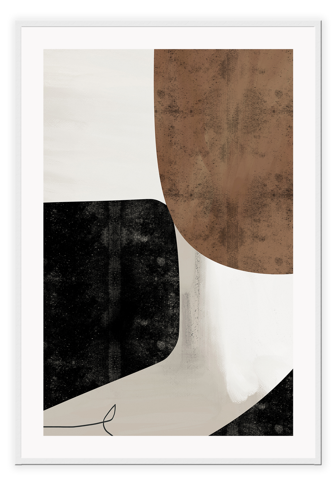 Abstract modern minimalist print with textured brown and black shapes on a grey background with black lines.