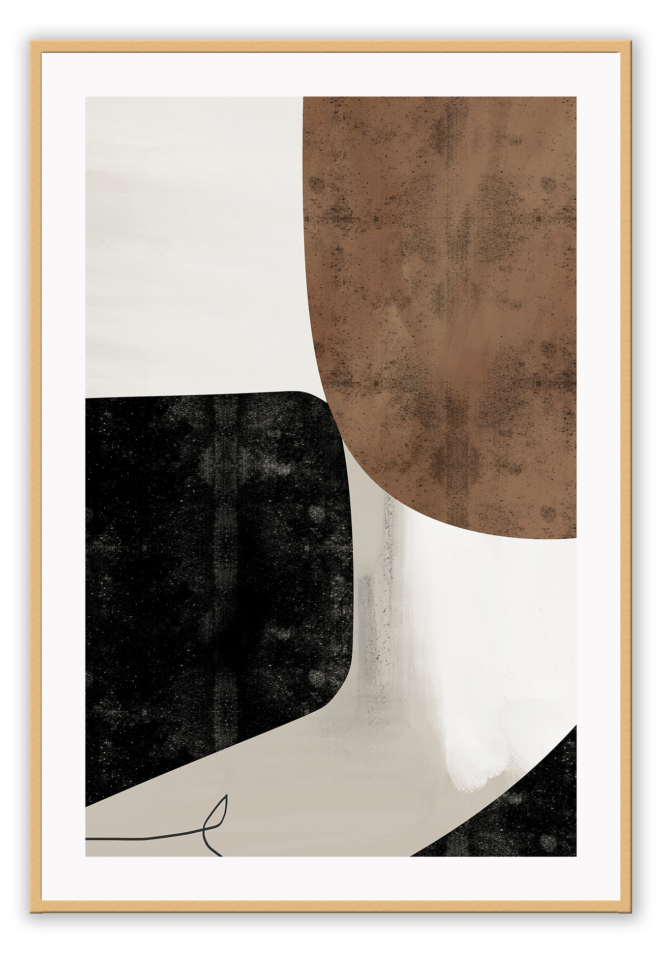 Abstract modern minimalist print with textured brown and black shapes on a grey background with black lines.