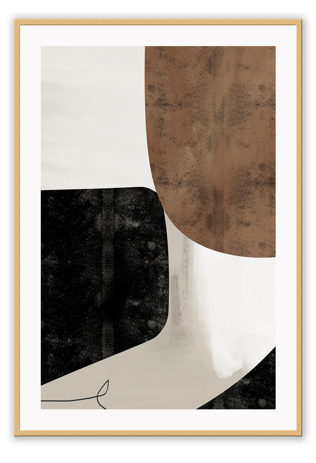Abstract modern minimalist print with textured brown and black shapes on a grey background with black lines.